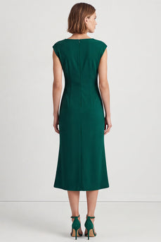Dark Green Square Neck Pencil Ruched Midi Work Dress with Slit