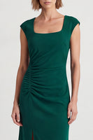 Load image into Gallery viewer, Dark Green Square Neck Pencil Ruched Midi Work Dress with Slit