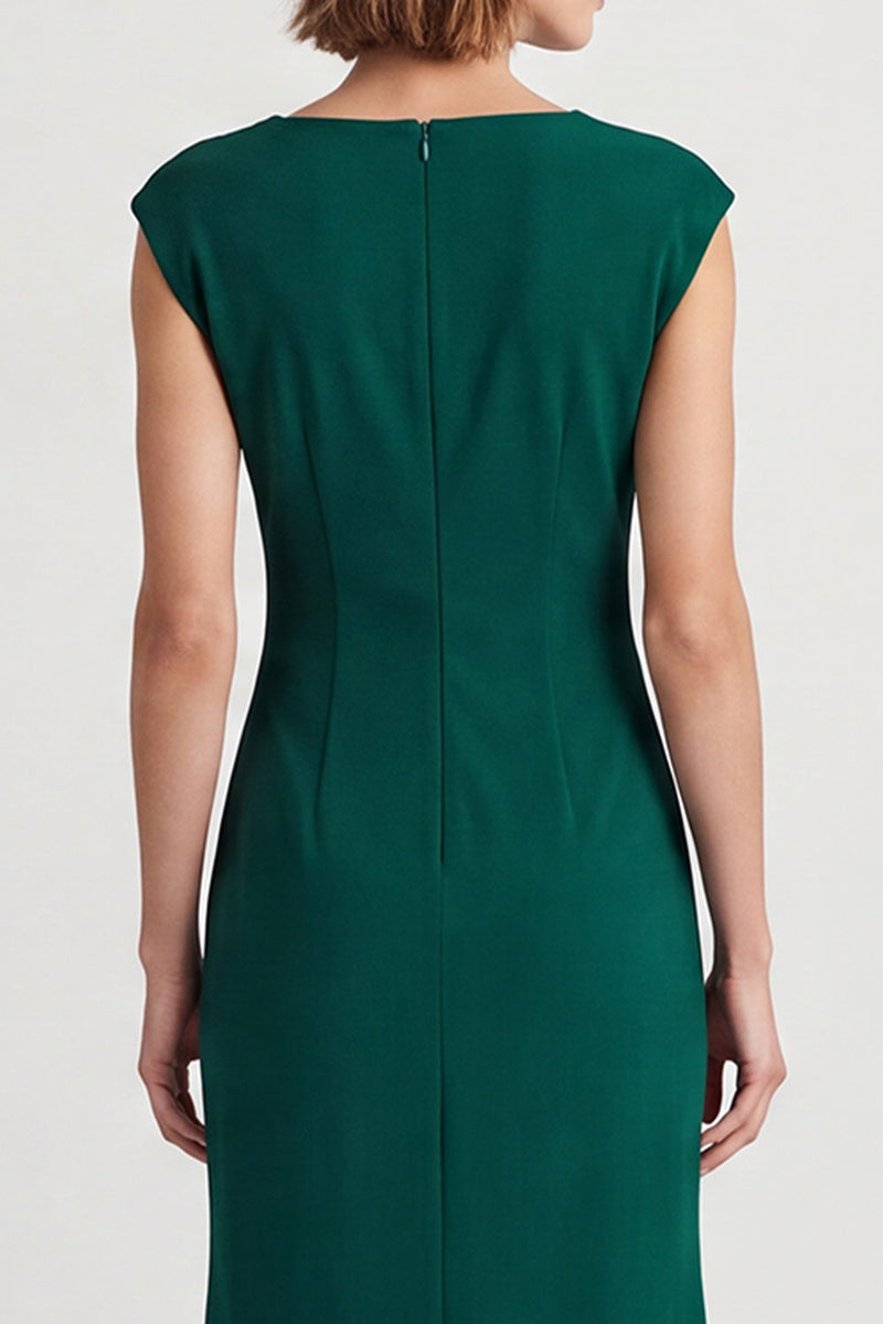 Load image into Gallery viewer, Dark Green Square Neck Pencil Ruched Midi Work Dress with Slit