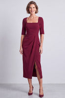 Load image into Gallery viewer, Burgundy Pencil Ruched Half Sleeves Square Neck Midi Work Dress with Slit