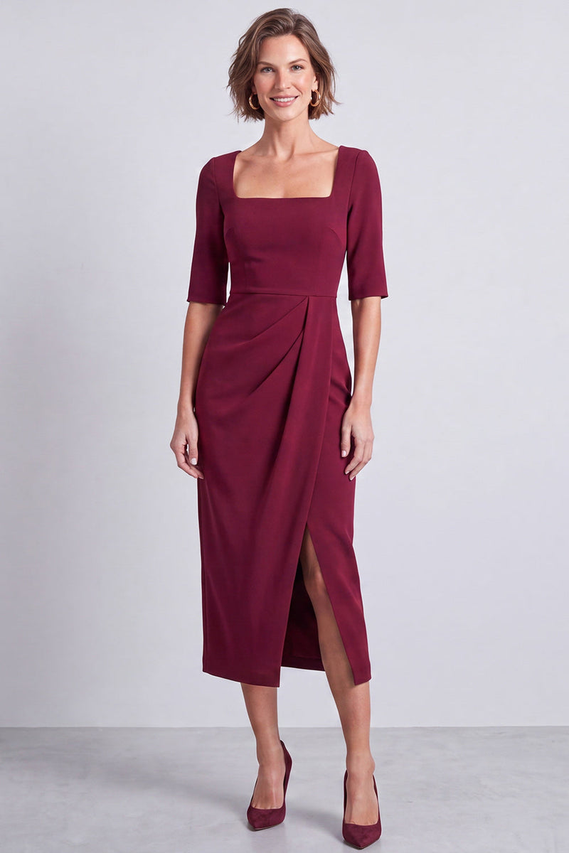 Load image into Gallery viewer, Burgundy Pencil Ruched Half Sleeves Square Neck Midi Work Dress with Slit
