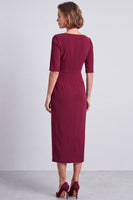 Load image into Gallery viewer, Burgundy Pencil Ruched Half Sleeves Square Neck Midi Work Dress with Slit