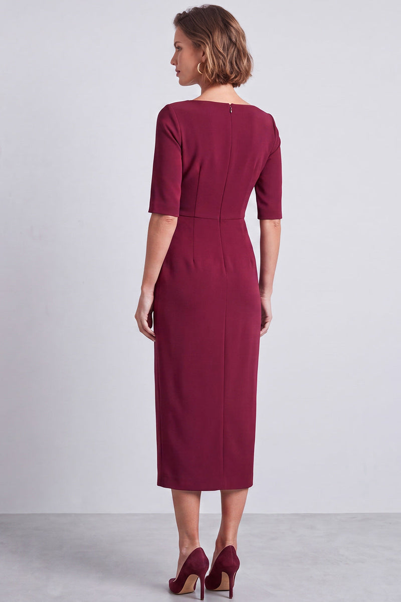 Load image into Gallery viewer, Burgundy Pencil Ruched Half Sleeves Square Neck Midi Work Dress with Slit