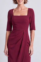 Load image into Gallery viewer, Burgundy Pencil Ruched Half Sleeves Square Neck Midi Work Dress with Slit