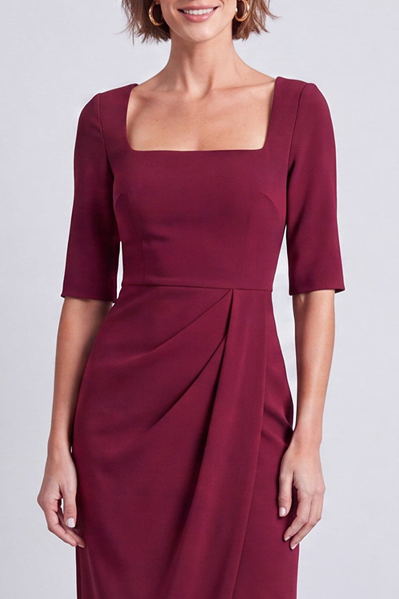 Load image into Gallery viewer, Burgundy Pencil Ruched Half Sleeves Square Neck Midi Work Dress with Slit