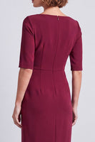 Load image into Gallery viewer, Burgundy Pencil Ruched Half Sleeves Square Neck Midi Work Dress with Slit