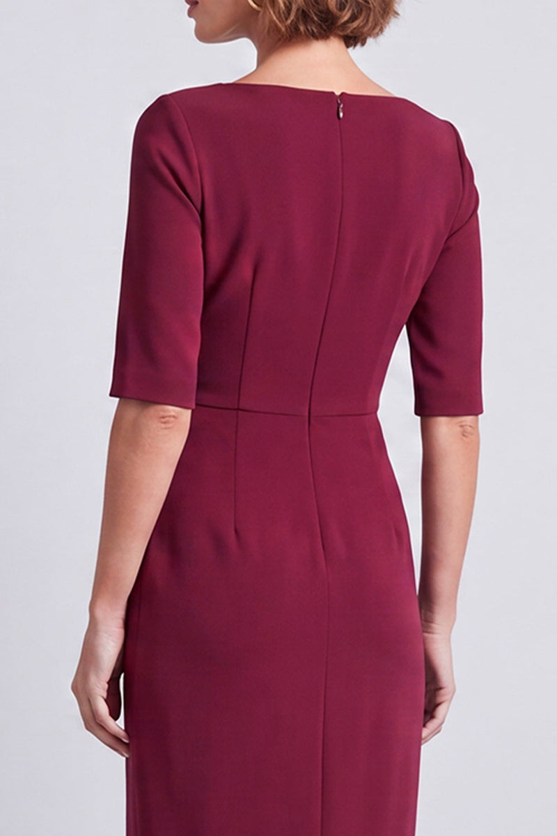 Load image into Gallery viewer, Burgundy Pencil Ruched Half Sleeves Square Neck Midi Work Dress with Slit