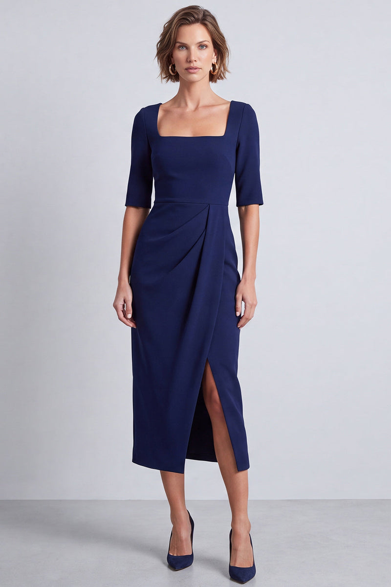 Load image into Gallery viewer, Burgundy Pencil Ruched Half Sleeves Square Neck Midi Work Dress with Slit