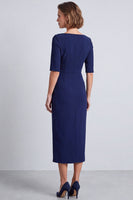 Load image into Gallery viewer, Burgundy Pencil Ruched Half Sleeves Square Neck Midi Work Dress with Slit
