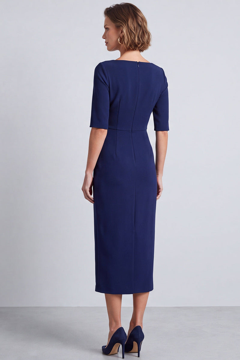 Load image into Gallery viewer, Burgundy Pencil Ruched Half Sleeves Square Neck Midi Work Dress with Slit