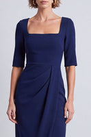 Load image into Gallery viewer, Burgundy Pencil Ruched Half Sleeves Square Neck Midi Work Dress with Slit