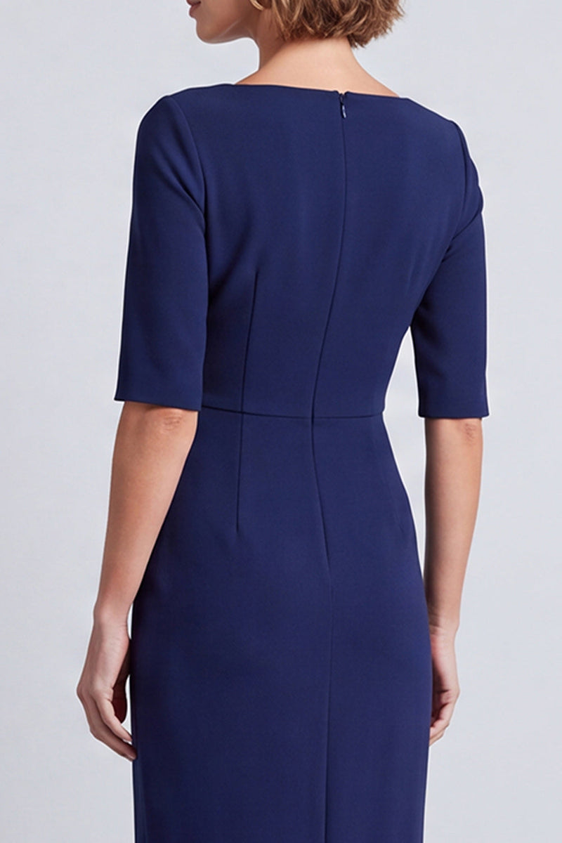 Load image into Gallery viewer, Burgundy Pencil Ruched Half Sleeves Square Neck Midi Work Dress with Slit