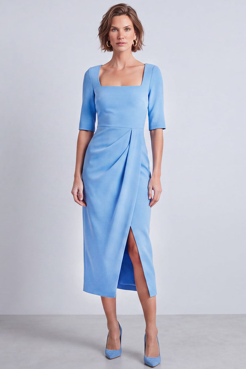 Load image into Gallery viewer, Burgundy Pencil Ruched Half Sleeves Square Neck Midi Work Dress with Slit