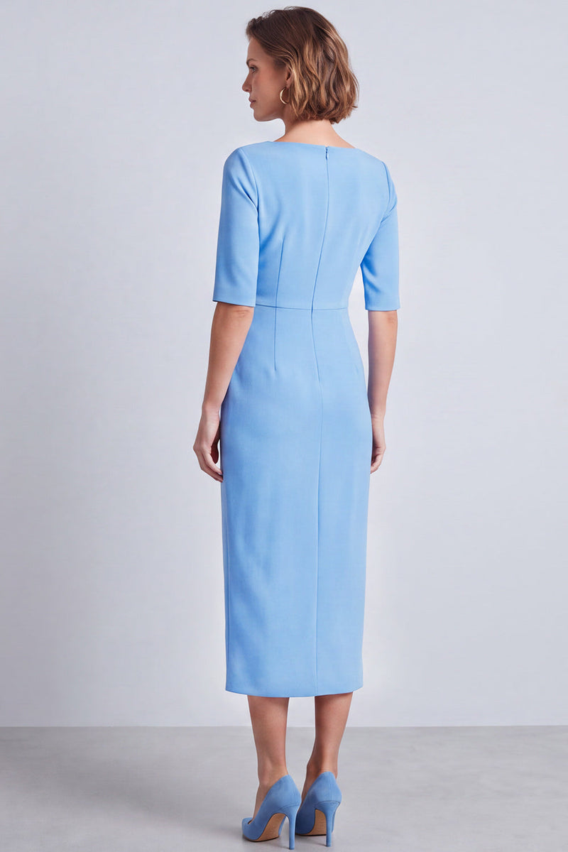 Load image into Gallery viewer, Burgundy Pencil Ruched Half Sleeves Square Neck Midi Work Dress with Slit