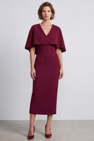 Load image into Gallery viewer, Burgundy Sheath V-Neck Satin Midi Work Dress with Cape