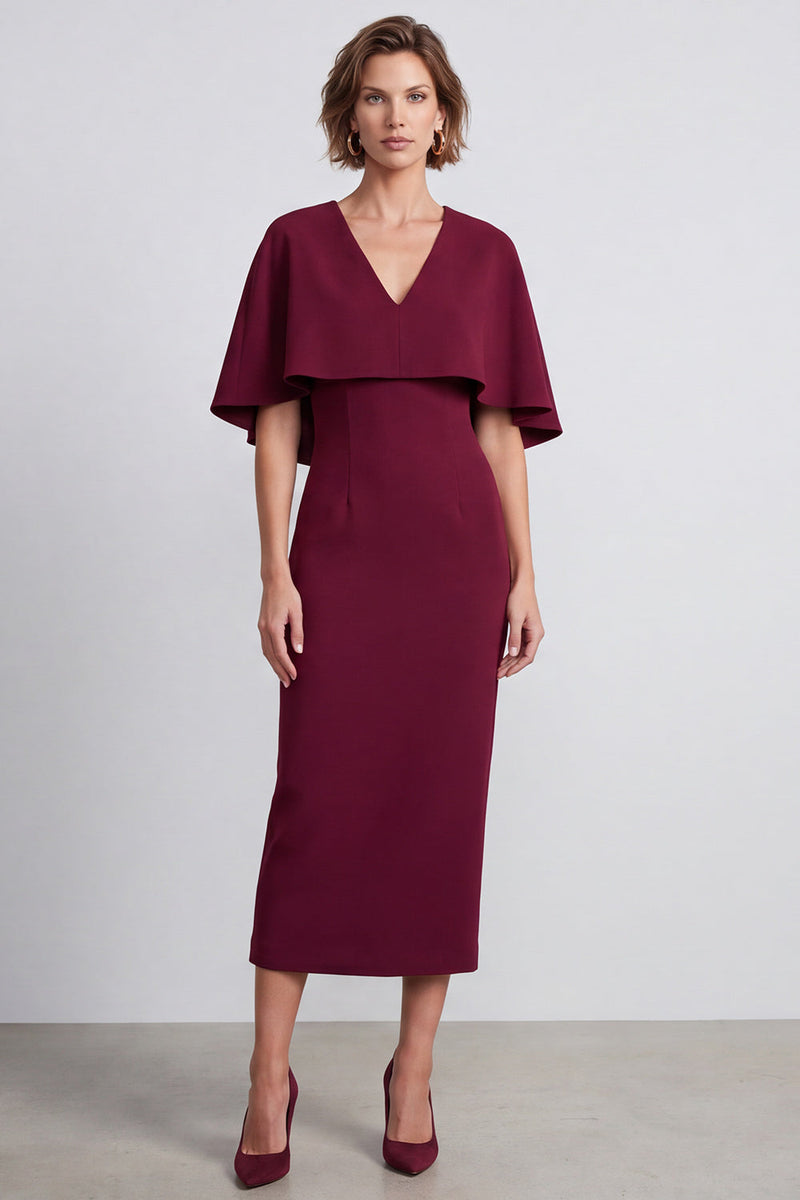 Load image into Gallery viewer, Burgundy Sheath V-Neck Satin Midi Work Dress with Cape