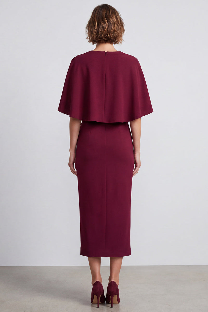Load image into Gallery viewer, Burgundy Sheath V-Neck Satin Midi Work Dress with Cape
