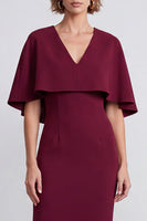 Load image into Gallery viewer, Burgundy Sheath V-Neck Satin Midi Work Dress with Cape