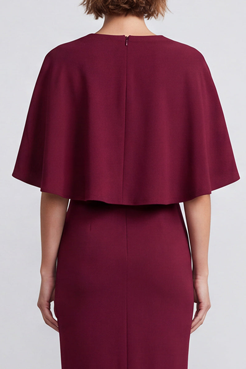 Load image into Gallery viewer, Burgundy Sheath V-Neck Satin Midi Work Dress with Cape