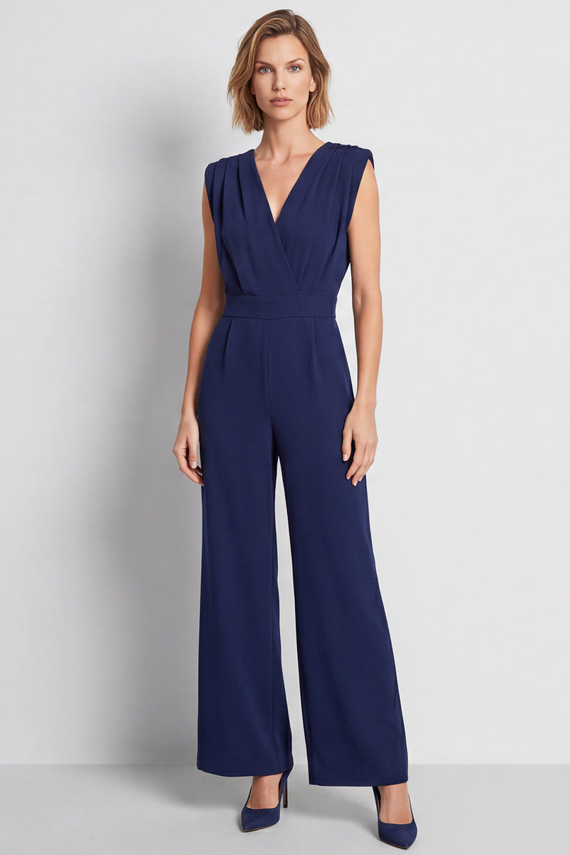 Load image into Gallery viewer, Navy Ruched V-Neck Sleeveless Long Work Jumpsuits