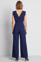 Load image into Gallery viewer, Navy Ruched V-Neck Sleeveless Long Work Jumpsuits