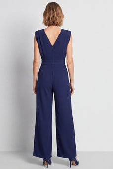 Navy Ruched V-Neck Sleeveless Long Work Jumpsuits