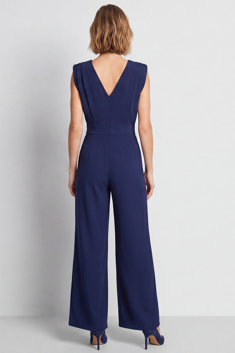Load image into Gallery viewer, Navy Ruched V-Neck Sleeveless Long Work Jumpsuits