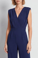 Load image into Gallery viewer, Navy Ruched V-Neck Sleeveless Long Work Jumpsuits