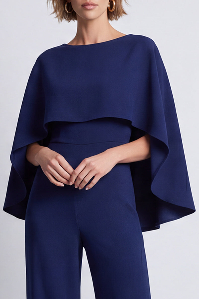 Load image into Gallery viewer, Navy Boat Neck Long Work Jumpsuits with Cape