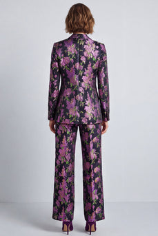 Black Purple Floral Notched Lapel Jacquard 2 Piece Prom Suits