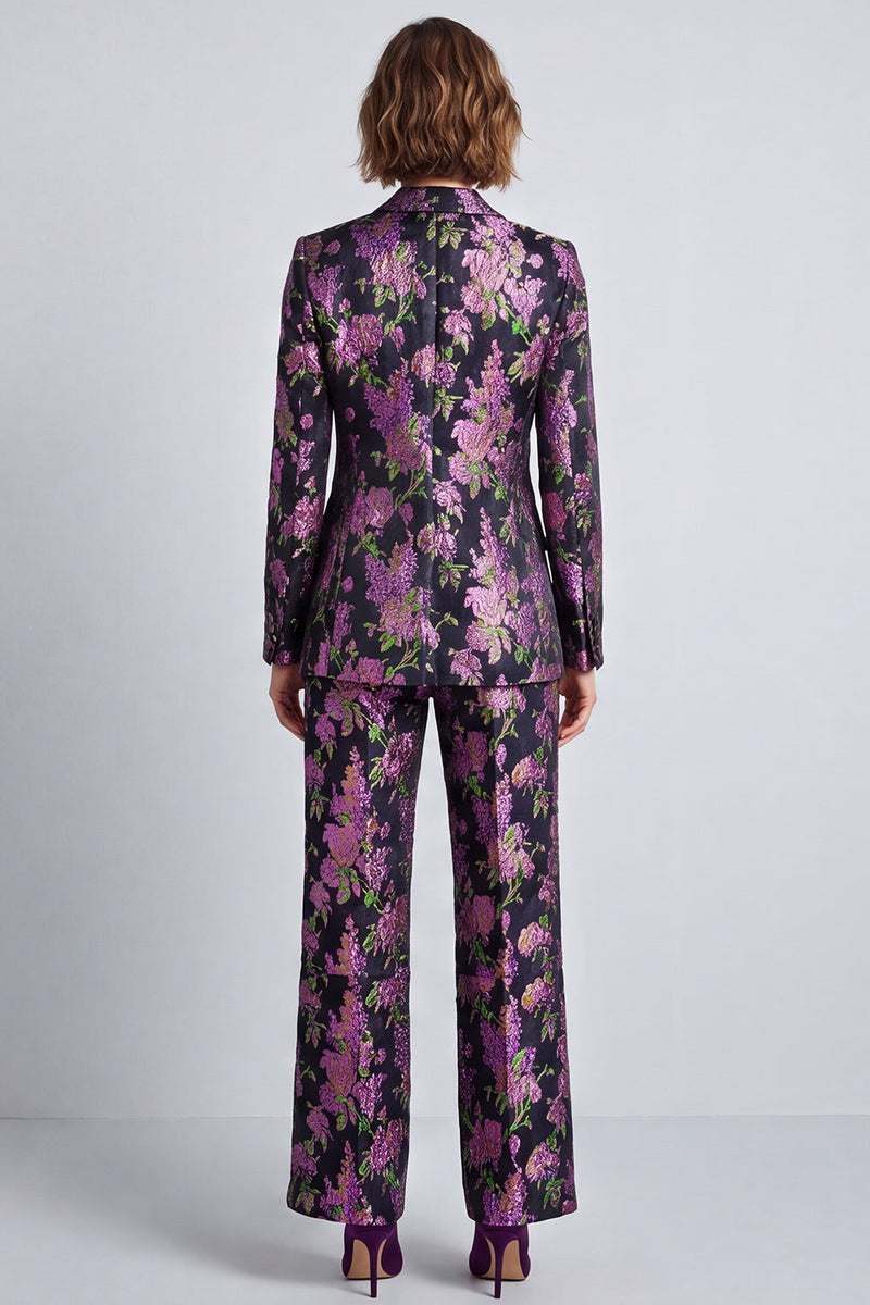 Load image into Gallery viewer, Black Purple Floral Notched Lapel Jacquard 2 Piece Prom Suits
