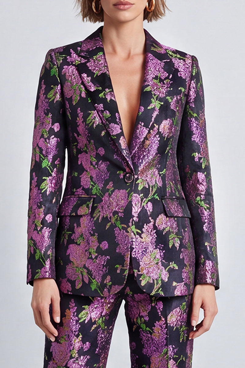 Load image into Gallery viewer, Black Purple Floral Notched Lapel Jacquard 2 Piece Prom Suits