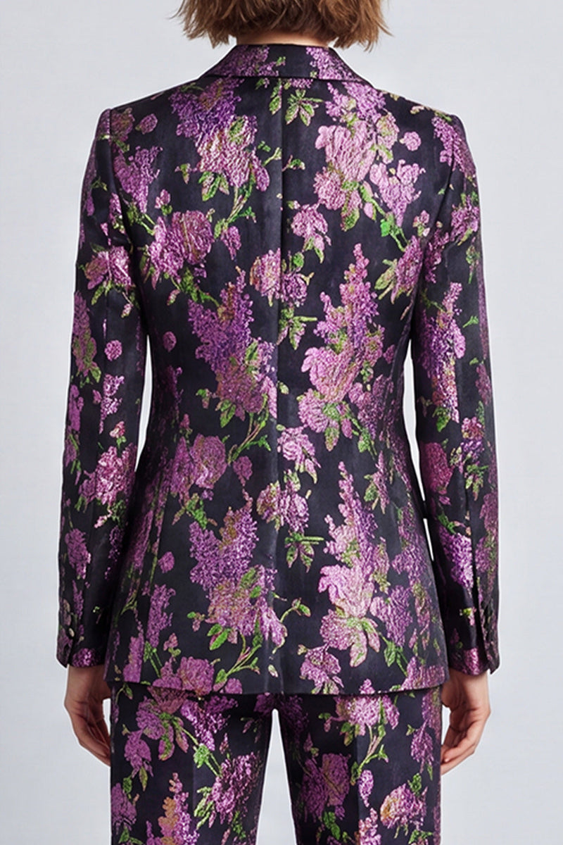 Load image into Gallery viewer, Black Purple Floral Notched Lapel Jacquard 2 Piece Prom Suits