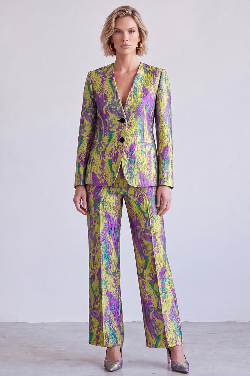 Load image into Gallery viewer, Yellow and Purple V-Neck Printed Single Breasted 2 Piece Prom Suits