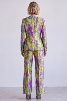 Yellow and Purple V-Neck Printed Single Breasted 2 Piece Prom Suits