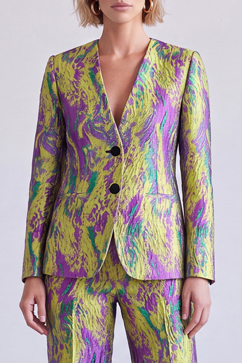 Load image into Gallery viewer, Yellow and Purple V-Neck Printed Single Breasted 2 Piece Prom Suits
