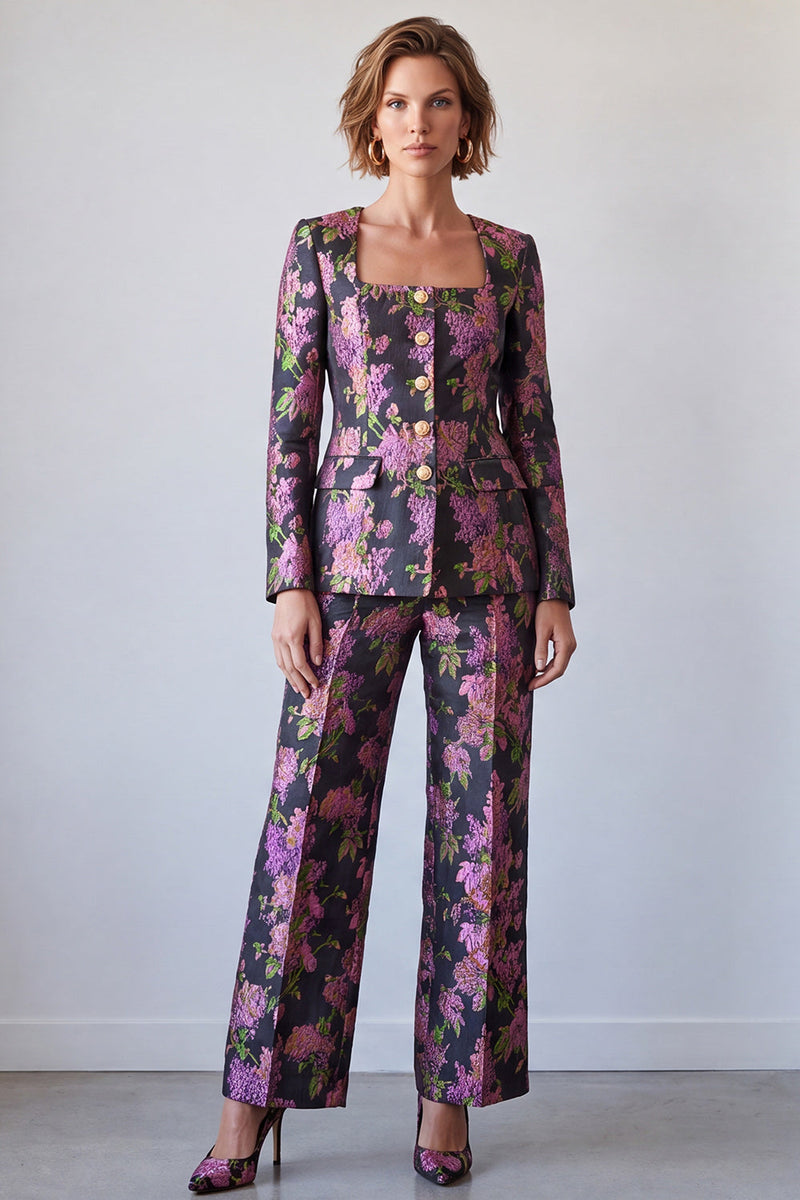 Load image into Gallery viewer, Black Purple Printed Floral Square Neck 2 Piece Prom Suits