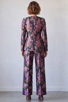Black Purple Printed Floral Square Neck 2 Piece Prom Suits
