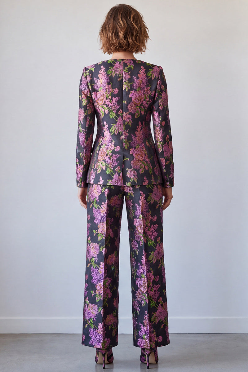 Load image into Gallery viewer, Black Purple Printed Floral Square Neck 2 Piece Prom Suits