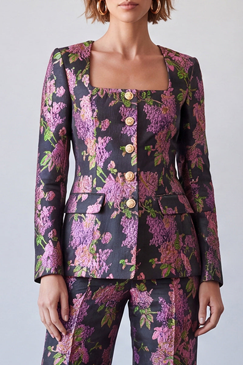 Load image into Gallery viewer, Black Purple Printed Floral Square Neck 2 Piece Prom Suits