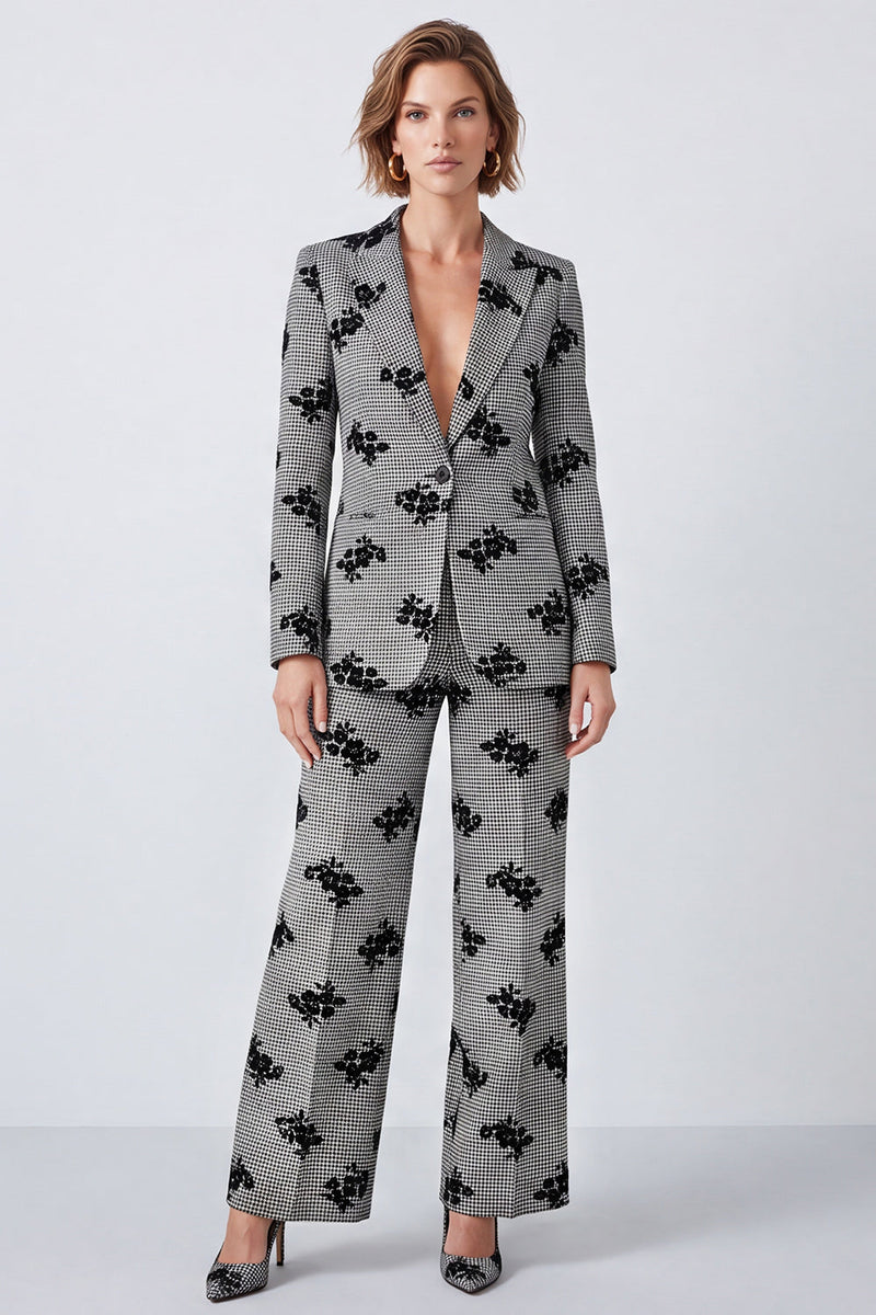 Load image into Gallery viewer, Black and White Plaid Peak Lapel Floral 2 Piece Prom Suits