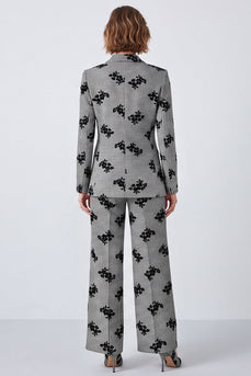 Black and White Plaid Peak Lapel Floral 2 Piece Prom Suits