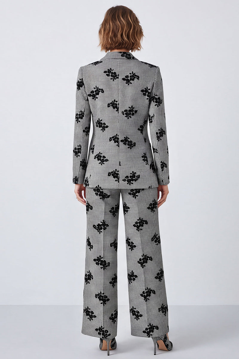 Load image into Gallery viewer, Black and White Plaid Peak Lapel Floral 2 Piece Prom Suits