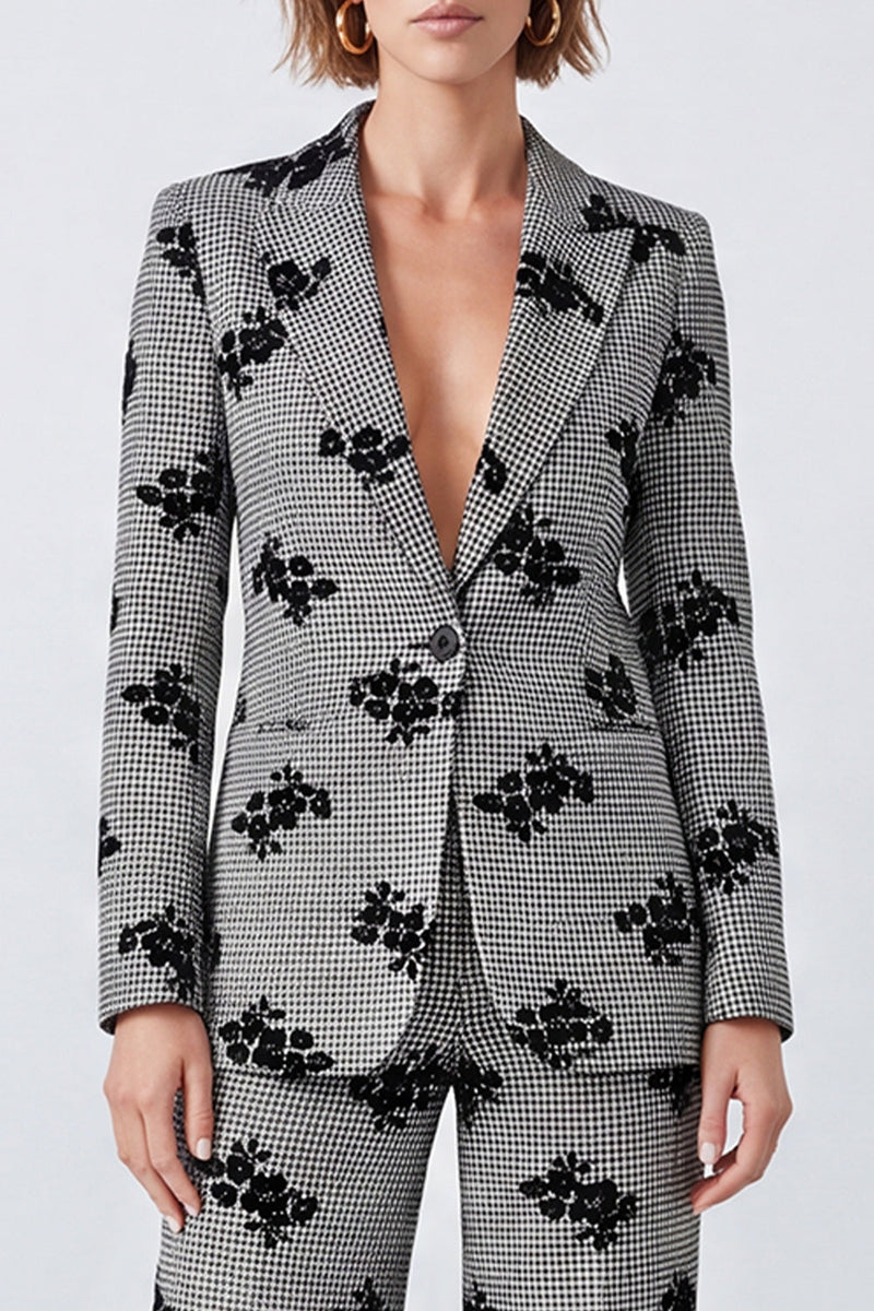 Load image into Gallery viewer, Black and White Plaid Peak Lapel Floral 2 Piece Prom Suits