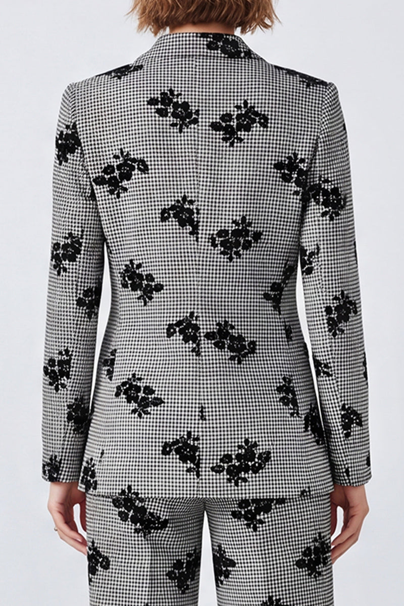Load image into Gallery viewer, Black and White Plaid Peak Lapel Floral 2 Piece Prom Suits
