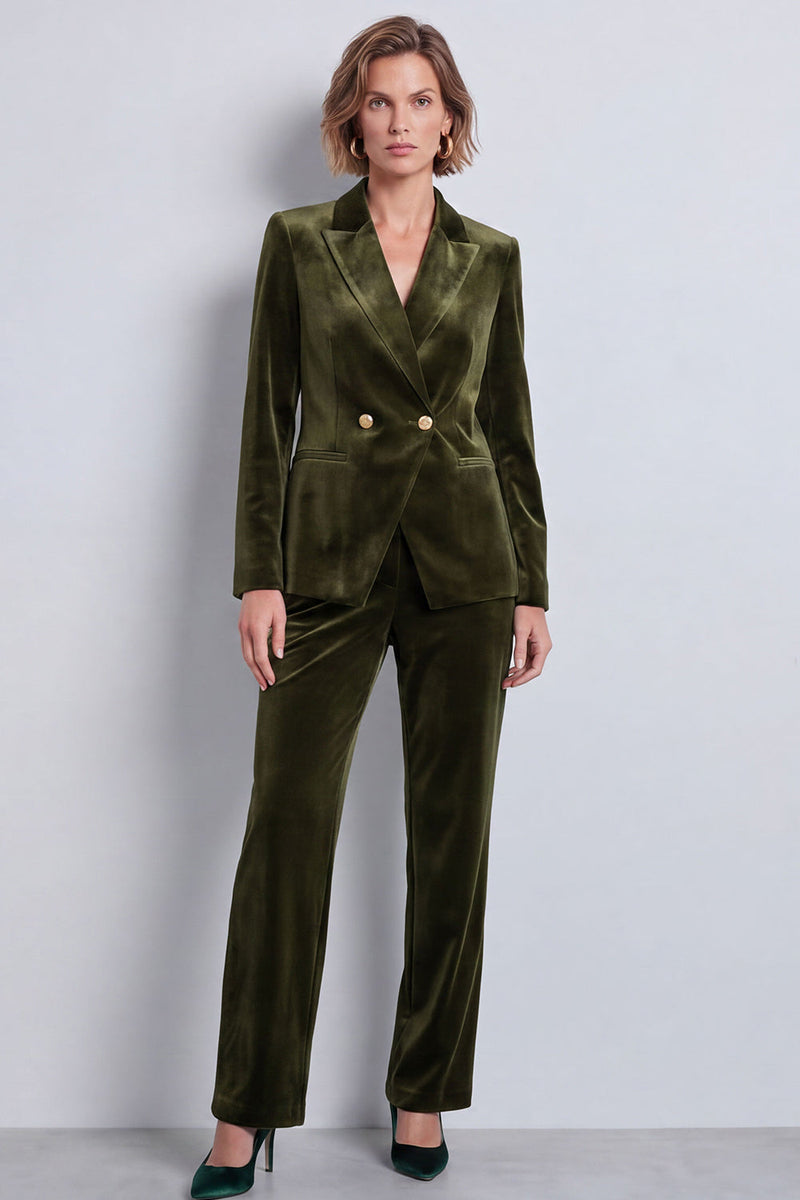 Load image into Gallery viewer, Olive Velvet 2 Piece Double Breasted Peak Lapel Work Suits