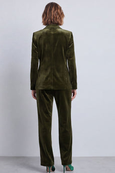Olive Velvet 2 Piece Double Breasted Peak Lapel Work Suits