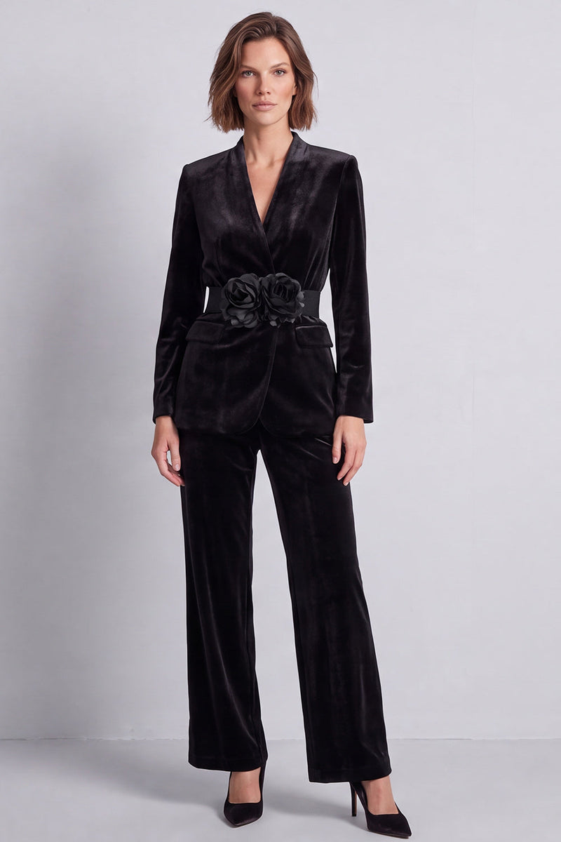 Load image into Gallery viewer, Dark Green V-Neck Velvet 2 Piece Work Suits with 3D Flowers