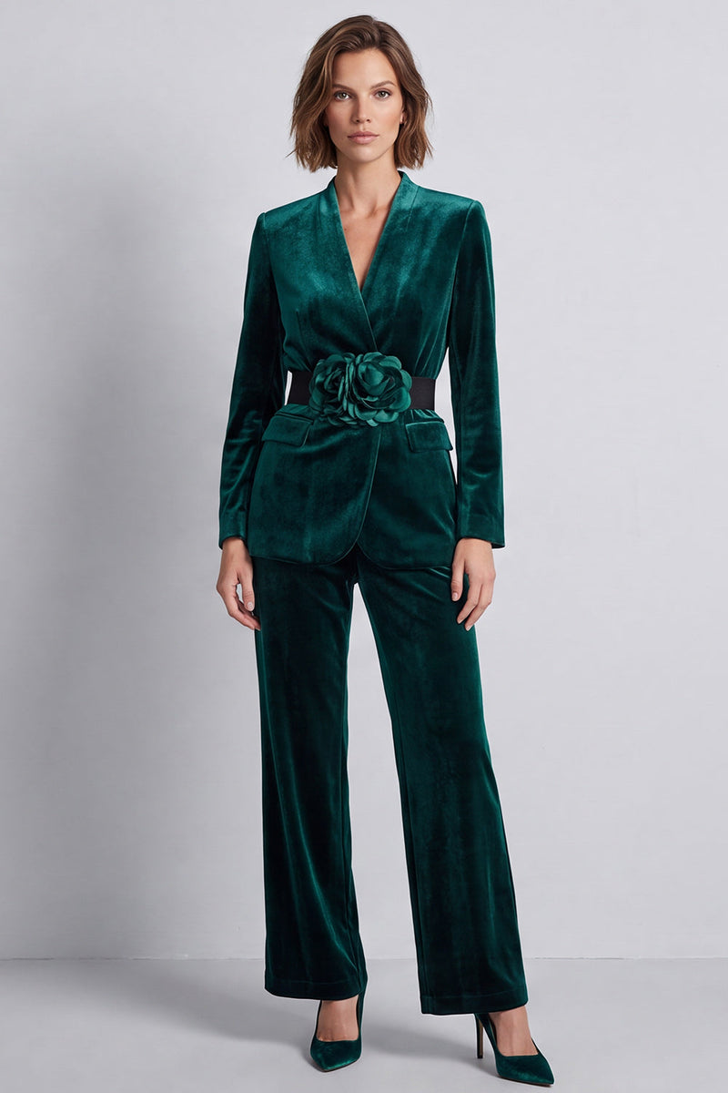 Load image into Gallery viewer, Dark Green V-Neck Velvet 2 Piece Work Suits with 3D Flowers