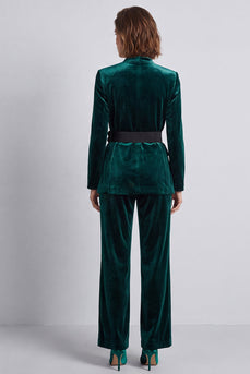 Dark Green V-Neck Velvet 2 Piece Work Suits with 3D Flowers